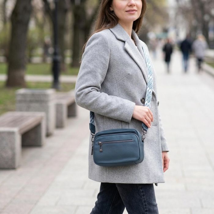 Оригінальна сумка жіноча з накладною кишенею з натуральної шкіри Vintage 22641 синя