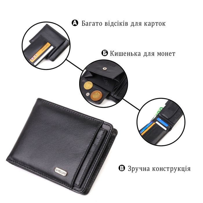 Практичный компактный кошелек с вкладышем для удостоверения для мужчин из натуральной гладкой кожи Canpellini 21876 черный