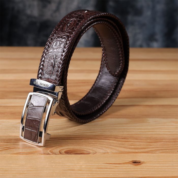 Ремень-автомат из натуральной кожи крокодила коричневый CROCODILE LEATHER 18171
