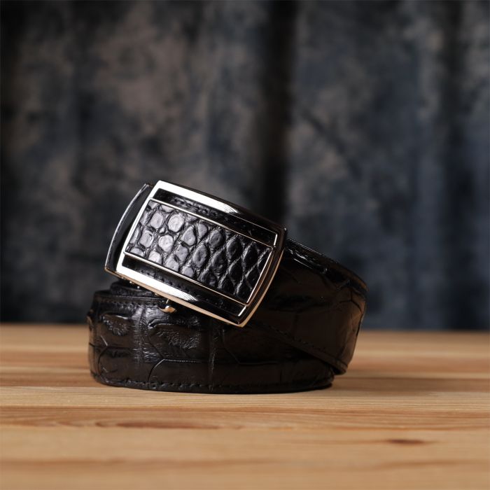 Ремінь-автомат CROCODILE LEATHER 18236 з натуральної шкіри крокодила (каймана) чорний