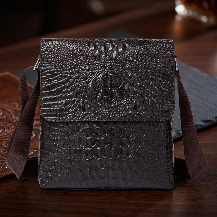 Сумка чоловіча вертикальна з тисненням під рептилію 14723 Vintage коричнева