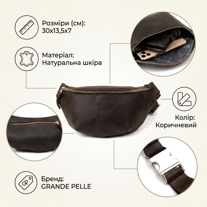 Бананка у вінтажній шкірі Grande Pelle 11154 коричнева