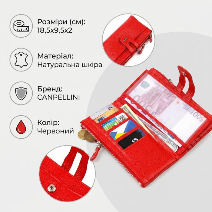 Яркий женский кошелек с удобным функционалом из натуральной кожи Canpellini 21895 красный