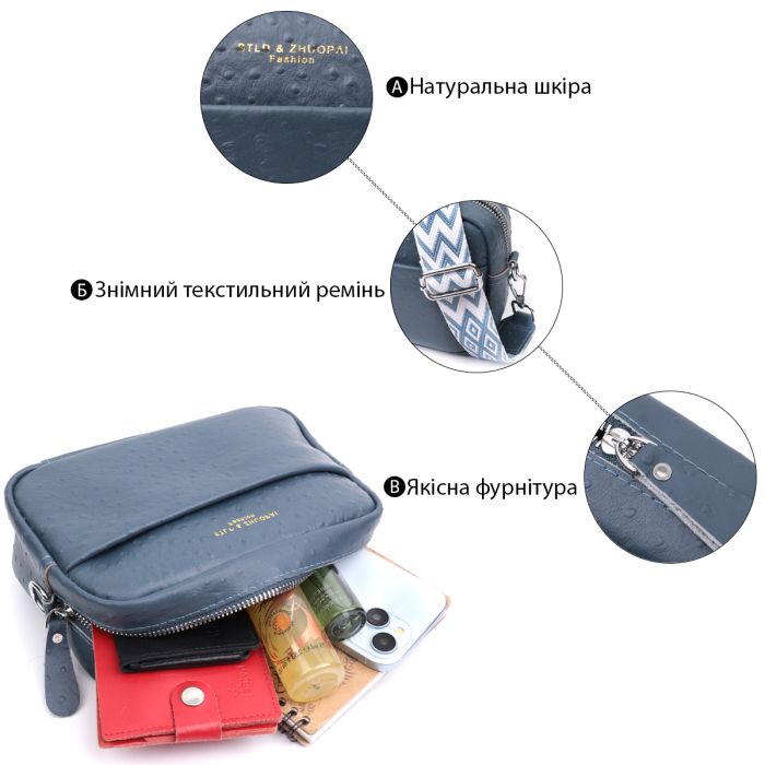 Цікава сумка для жінок із фактурної натуральної шкіри Vintage 22661 синя
