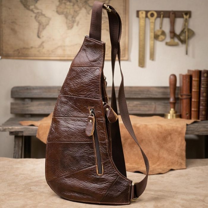 Сумка для мужчин с большим количеством карманов из натуральной кожи Vintage 22956 коричневая