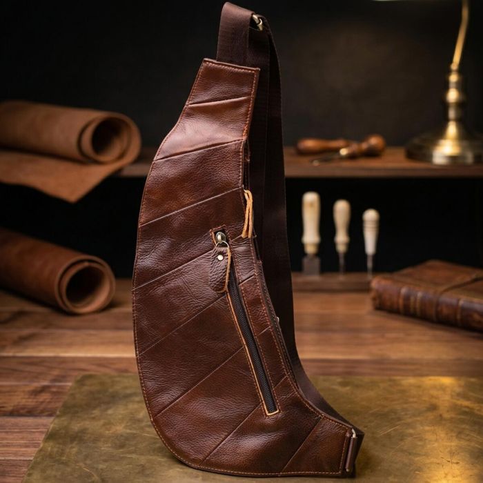 Чоловіча сумка цікавої форми через плече Vintage 22959 коричнева