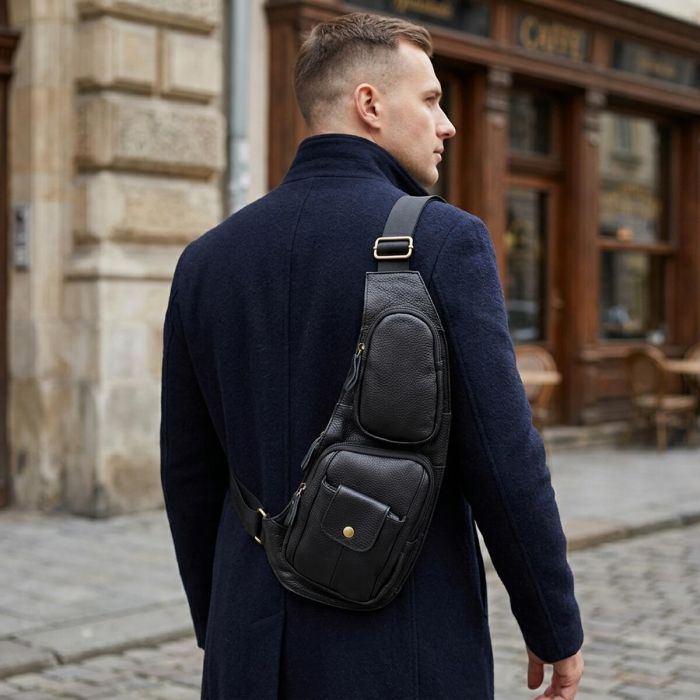 Чоловіча сумка з великою кількістю кишень із натуральної шкіри Vintage 22961 чорна
