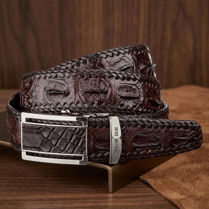 Ремень-автомат из натуральной кожи крокодила коричневый CROCODILE LEATHER 18171