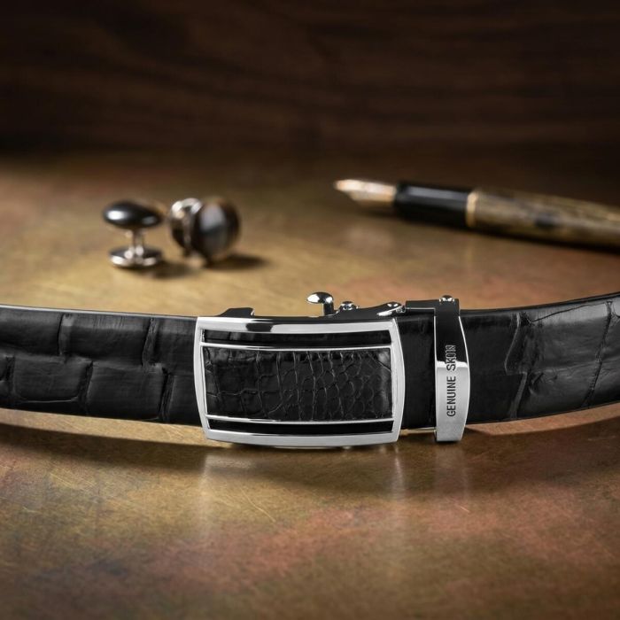 Ремінь-автомат з натуральної шкіри крокодила чорний CROCODILE LEATHER 18239